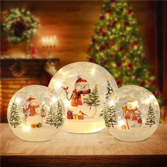 Christmas Decor, Set of 3 Crackle Glass Ball with LED Lights Christmas Snowman - Picture 1 of 6